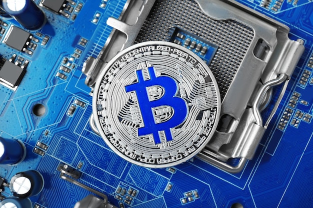 Silver bitcoin on PC circuit board