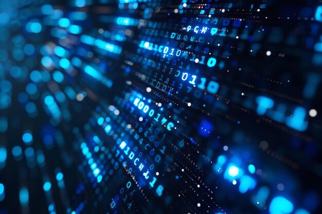 Sinisten numeroiden ja koodin digitaalinen datavirta virtaa pimeässä tilassa. Abstrakti tausta teknologia- tai digitaalisen tiedon konseptille, jossa binääriluku mustalla näytöllä