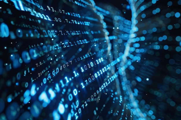 Sinisten numeroiden ja koodin digitaalinen datavirta virtaa pimeässä tilassa. Abstrakti tausta teknologia- tai digitaalisen tiedon konseptille, jossa binääriluku mustalla näytöllä
