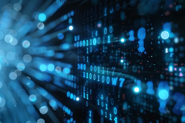 Sinisten numeroiden ja koodin digitaalinen datavirta virtaa pimeässä tilassa. Abstrakti tausta teknologia- tai digitaalisen tiedon konseptille, jossa binääriluku mustalla näytöllä