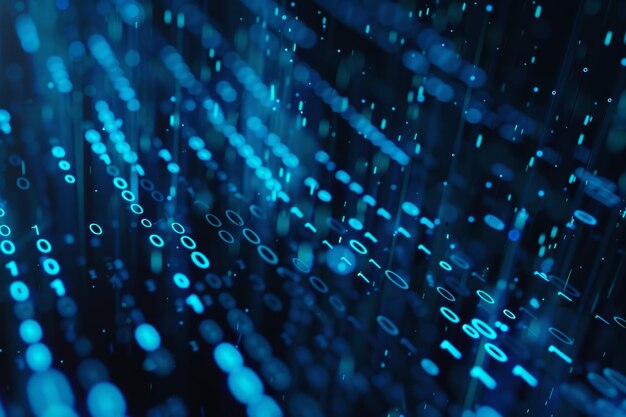 Sinisten numeroiden ja koodin digitaalinen datavirta virtaa pimeässä tilassa. Abstrakti tausta teknologia- tai digitaalisen tiedon konseptille, jossa binääriluku mustalla näytöllä