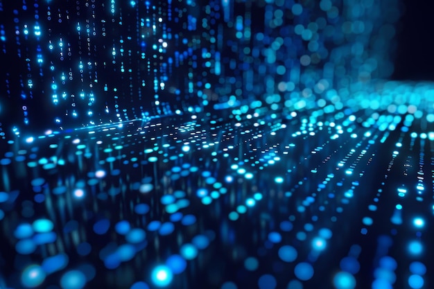 Sinisten numeroiden ja koodin digitaalinen datavirta virtaa pimeässä tilassa. Abstrakti tausta teknologia- tai digitaalisen tiedon konseptille, jossa binääriluku mustalla näytöllä