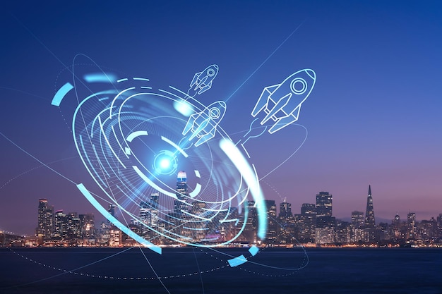 skyline of san francisco panorama at illuminated night time from treasure island california united states startup company launch project to seek and develop scalable business model hologram