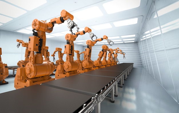 Smart factory concept with 3d rendering robot arms with conveyor line