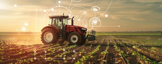 Smart farming concept with a modern tractor driving across a fresh crop field illuminated by a sunset