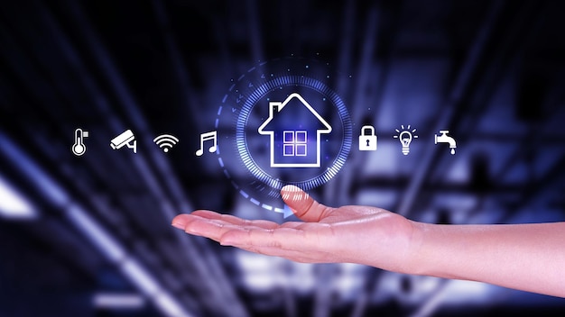Smart home technology User touches virtual screen manage smart home features including security lighting temperature Smart home and Iot concept