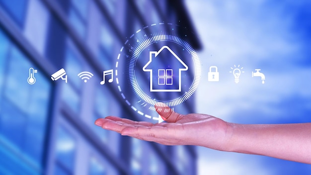 Smart home technology User touches virtual screen manage smart home features including security lighting temperature Smart home and Iot concept