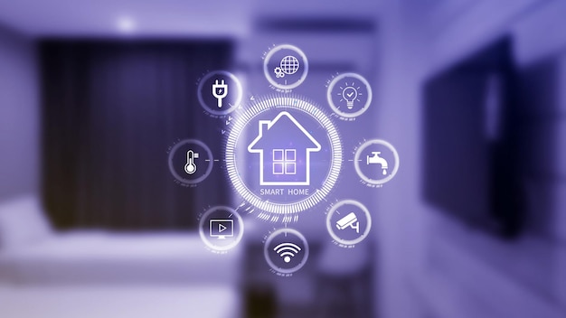 Smart home technology virtual screen manage smart home features including security lighting temperature Smart home automation assistant and Iot concept