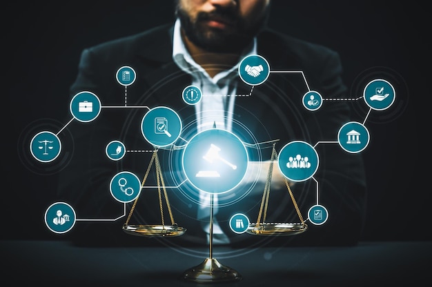 Smart law legal advice icons and savvy lawyer working tools in lawyers office