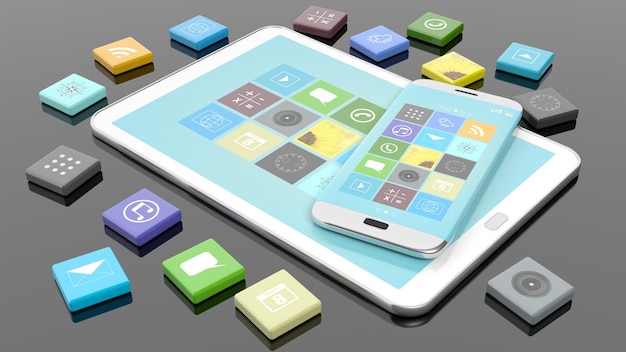 Smartphone and tablet with apps in shape of beveled square isolated on black