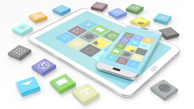 Smartphone and tablet with apps in shape of beveled square isolated on white background
