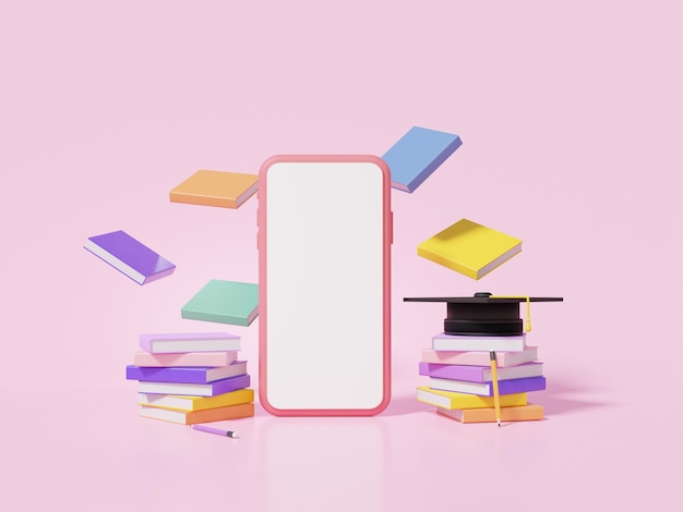 Smartphone mockup empty white screen cartoon style and graduation cap and book floating learning online Education concept on pink background banner 3d render illutration