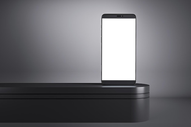 Smartphone with a blank screen on a dark platform modern design isolated on a dark background showcasing a concept of technology 3D Rendering