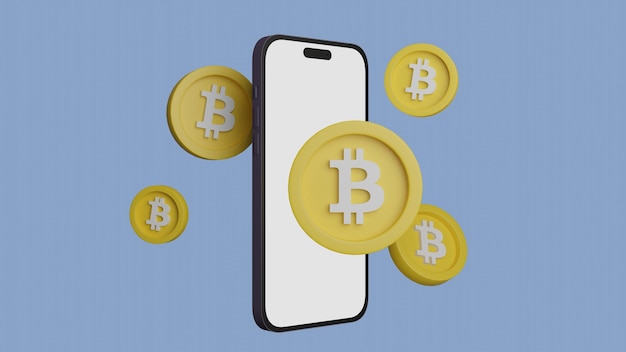 Smartphone with bitcoins coins Buy cryptocuurency online with your phone concept 3d illustration