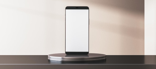 Smartphone with blank white screen on metallic stand in a modern showroom for gadget presentation clean background technology focus 3D Rendering