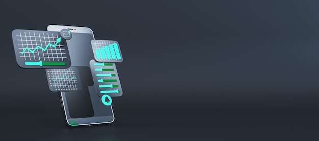 Smartphone with business charts on black background with mock up place Data software and web development concept 3D Rendering