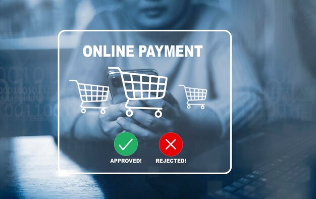 smartphone with online payment hand touch banking online bill payment approved concept button credit card and network connection icon on business technology virtual screen background
