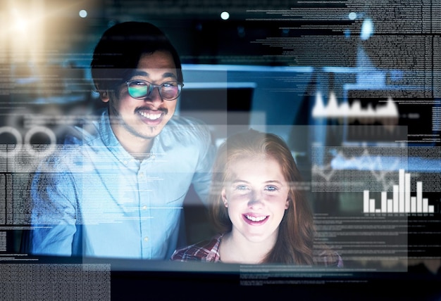 Smile people and coding overlay at night for web research software programmer and digital interface Staff it and futuristic hub with dashboard programming high tech and computing deadline
