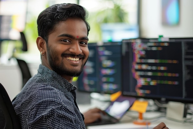 Smiling Indian man sitting in front of a computer monitor debugging code A smiling Indian man debugging code on multiple computer screens