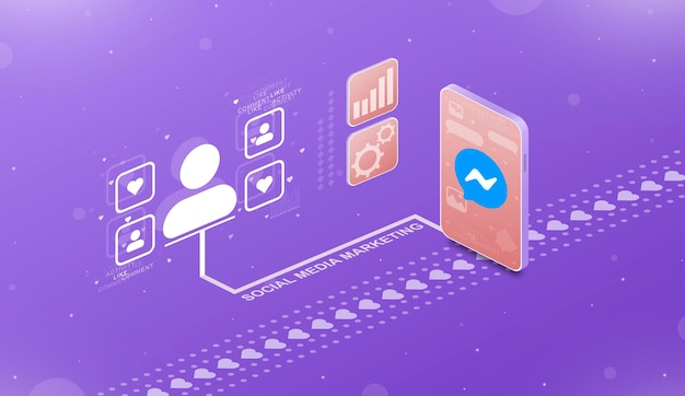 Social media marketing and user activity in phone with Messenger logo 3d