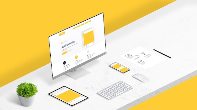 Social media marketing concept. Office desk with computer display, tablet and smart phone with social media widnow layout