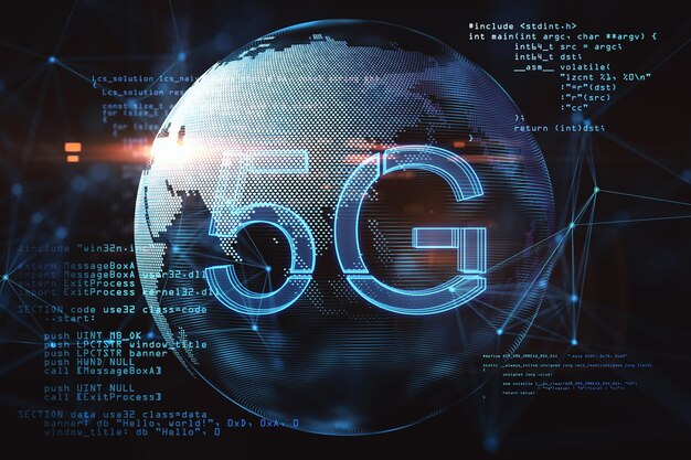 Social network and global wireless connection concept with digital 5g symbol on earth planet globe background with computer software programming 3D rendering