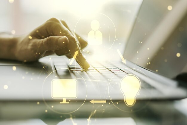 Social network media concept with hands typing on computer keyboard on background Double exposure