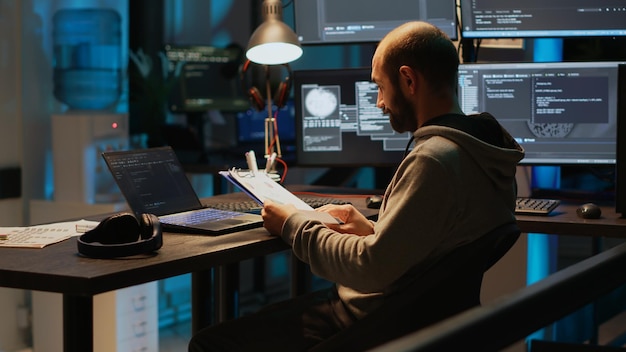 Software developer analyzing web data on clipboard papers and screens, comparing information on files. Young man using programming language and coding new user interface at night.