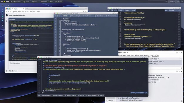 Software Developers Workspace with Multiple Coding Windows Open on Computer Screen