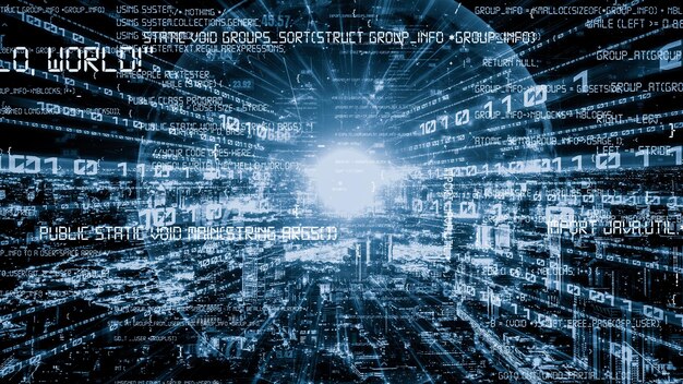 Software development application programming code and tacit computer coding Concept of smart digital transformation and technology disruption that changes global trends in new information era