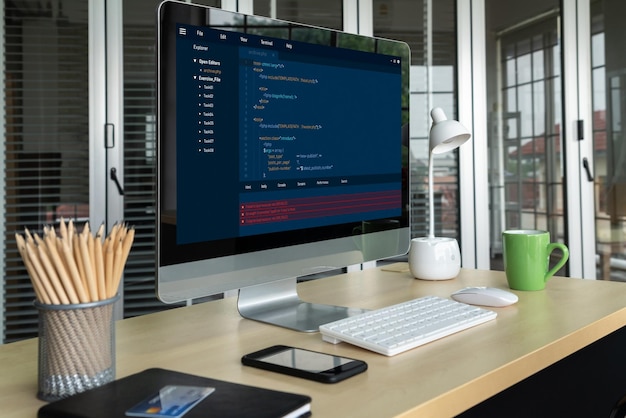 Software development programming on computer screen for modish application and program coding