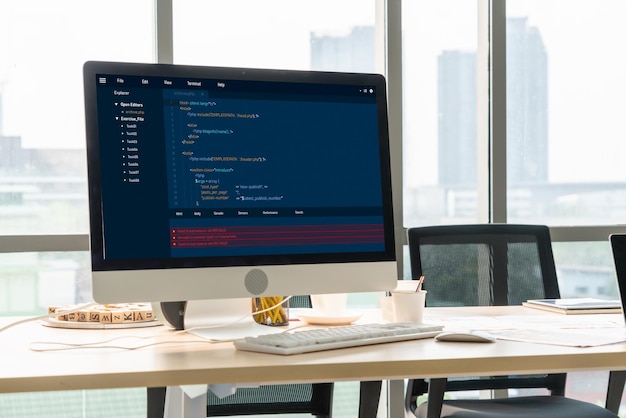 Software development programming on computer screen for modish application and program coding