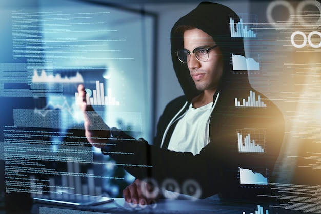 Software engineer hacker and computer code at night for firewall breach or access in cyber security Male person it and data protection with overlay dark web or analysis for blockchain or network