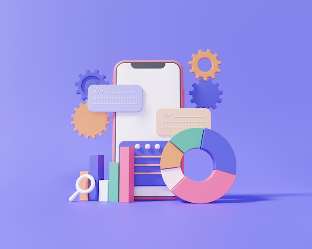 Software programming concept Mobile app developer Coding language development on purple background statistic user interface system minimal cartoon 3d render illustration