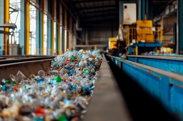 Sorting center filled with plastic bottles and containers in a recycling facility