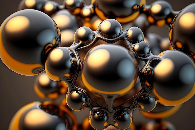 spherical connection of glossy black atoms into molecule closeup structure