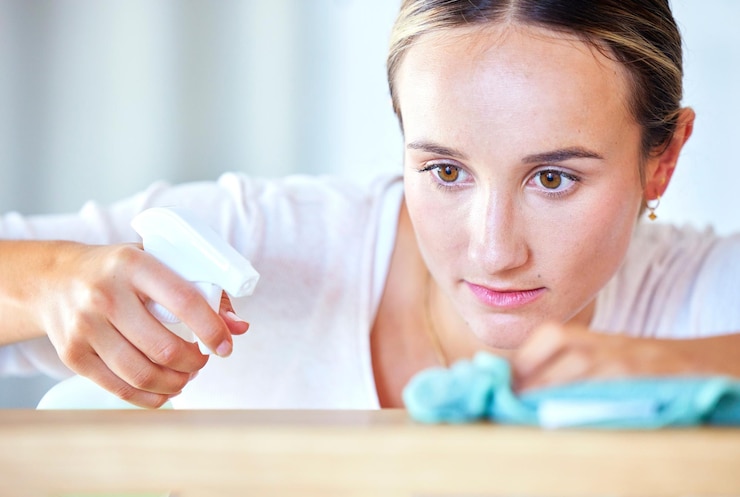 Kuva spray looking and woman cleaning table of dirt bacteria and product house service and cleaner working on desk or counter for housework and routine chores while wiping and spraying with detergent