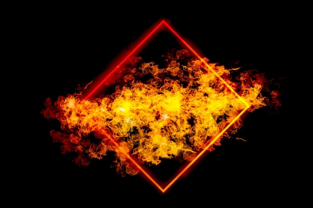 Square frame with orange flames in frame on black background