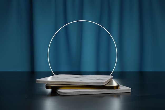 Square golden and marble podium for product presentation and light blue textile curtain