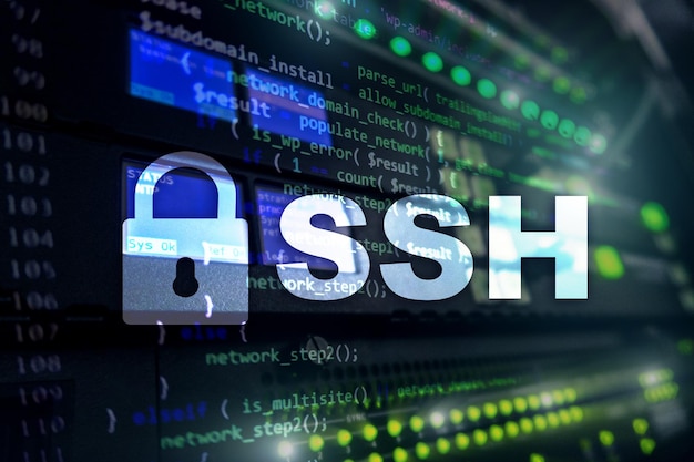 SSH Secure Shell -verkkoyhteyden palvelinhuone taustalla