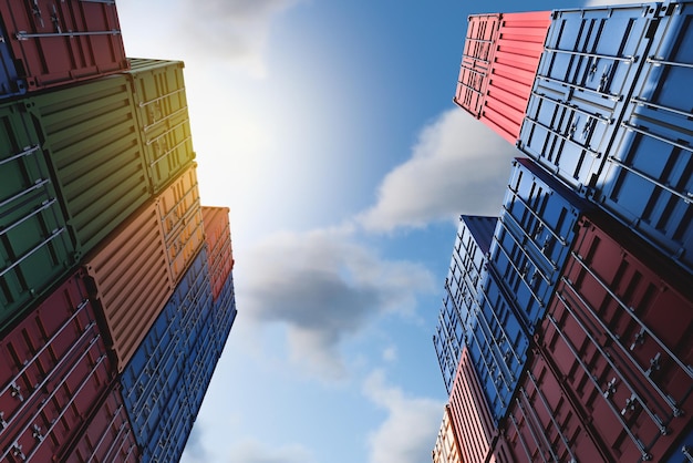 stacked cargo containers for temporary storage loading unloading and sorting at the container point