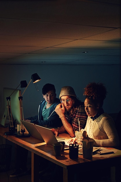 Startup business tech laptop and people problem solving web design code cloud computing software or app UI Website SEO media content administration or night teamwork collaboration on UX interface