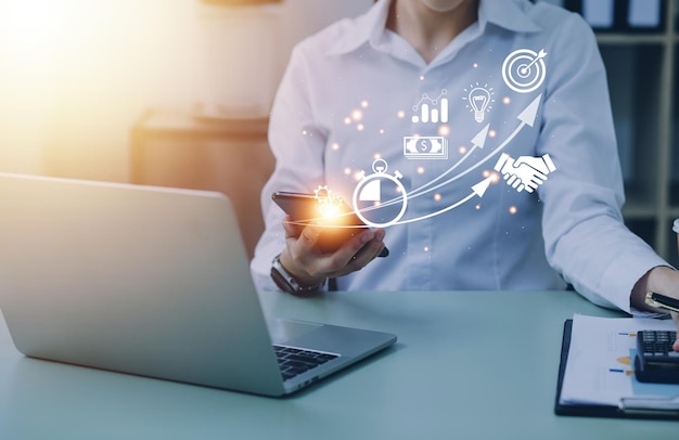 Startup concept with icon business and network connection on modern virtual interface from digital tablet man touching on tablet online business ecomers online marketing