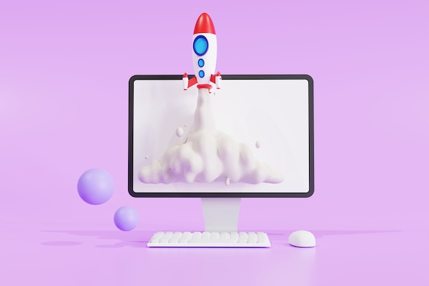 startup concept with rocket flying out of computer laptop screen on purple background. front view, 3d illustration