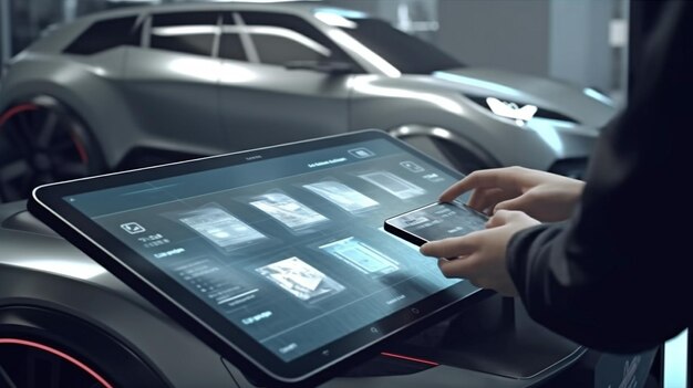 Steal an automobile at a parking lot using a futuristic tablet decision employ an interactive interface and Generative AI