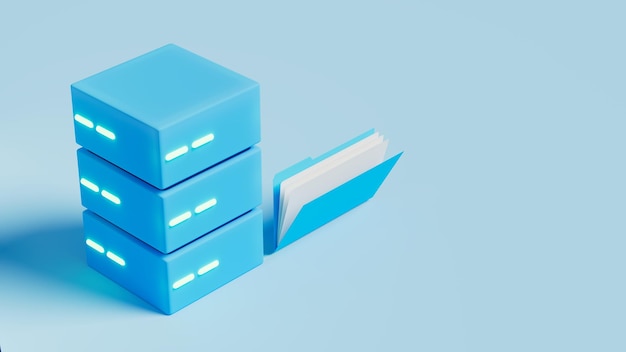 Storage server together with information folder on blue stage 3d illustration