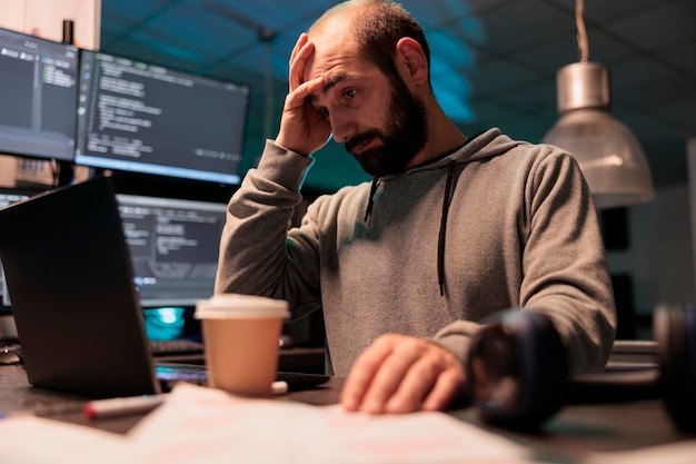 Stressed overworked developer programming html code on laptop and multiple monitors, working under stress after hours. Male app programmer feeling frustrated and tired coding data script.
