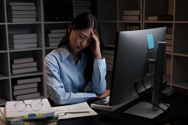 Stressful Asian businesswoman having a headache while working overtime at night feeling tired after a long day at work