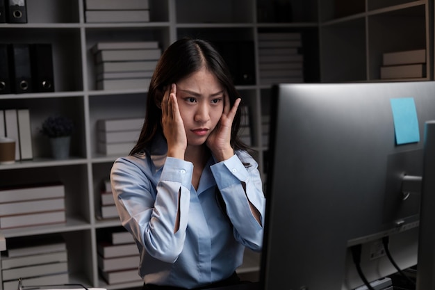 Stressful Asian businesswoman having a headache while working overtime at night feeling tired after a long day at work