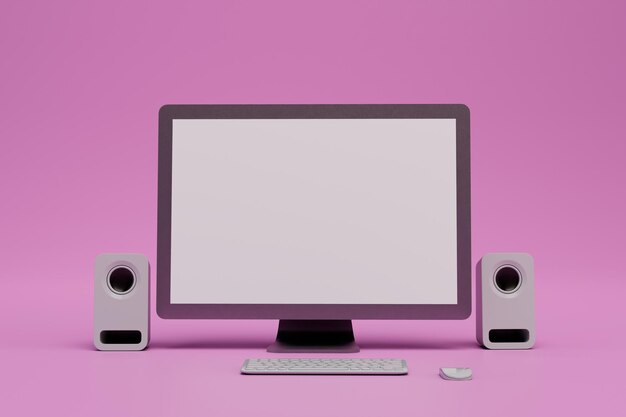 study online. workplace at the computer. monitor, keyboard, computer mouse and stereo speakers